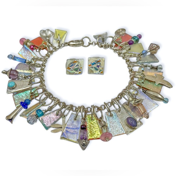 Harold Lujan Dichroic Rainbow Glass Charm Bracelet and Earrings Set - Picture 3 of 17